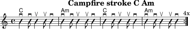 \version "2.20.0"
\header {
title="Campfire stroke C Am"
encoder="mjchael"
}
myChords = \new ChordNames { \chordmode {
c1 a:m c a:m
}}
Lager_C = {
<e, c e>4 \downbow
<g c' e'>8 \downbow
<g c' e'>4 \upbow
<g c' e'>8 \upbow
<g c' e'>4 \downbow
}
Lager_Am = {
<e, a, e>4 \downbow
<a c' e'>8 \downbow
<a c' e'>4 \upbow
<a c' e'>8 \upbow
<a c' e'>4 \downbow
}
myRhythm = { \repeat volta 4 {
\Lager_C \Lager_Am \Lager_C \Lager_Am
\mark "4x"
}}
\score { << %layout
% Chords
\myChords
% Slash Notation
\new Voice \with {
\consists "Pitch_squash_engraver"
}{
\set Staff.midiInstrument = "acoustic guitar (nylon)"
\improvisationOn
\override NoteHead.X-offset = 0
\myRhythm
}
>> \layout{} }
\score { << % midi
\unfoldRepeats {
\tempo 4 = 90
\time 4/4
\key d \major
\set Staff.midiInstrument = #"acoustic guitar (nylon)"
g,4 a, b,
\myRhythm
<g, b, d g b g,>1 \downbow
}
>> \midi{} }
\paper {
indent=0\mm
line-width=180\mm
oddFooterMarkup=##f
oddHeaderMarkup=##f
% bookTitleMarkup=##f
scoreTitleMarkup=##f
}