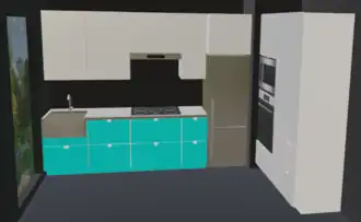 Second leg of cabinets in a 1-axis kitchen