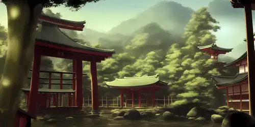 Algorithmically-generated landscape artwork of forest with Shinto shrine