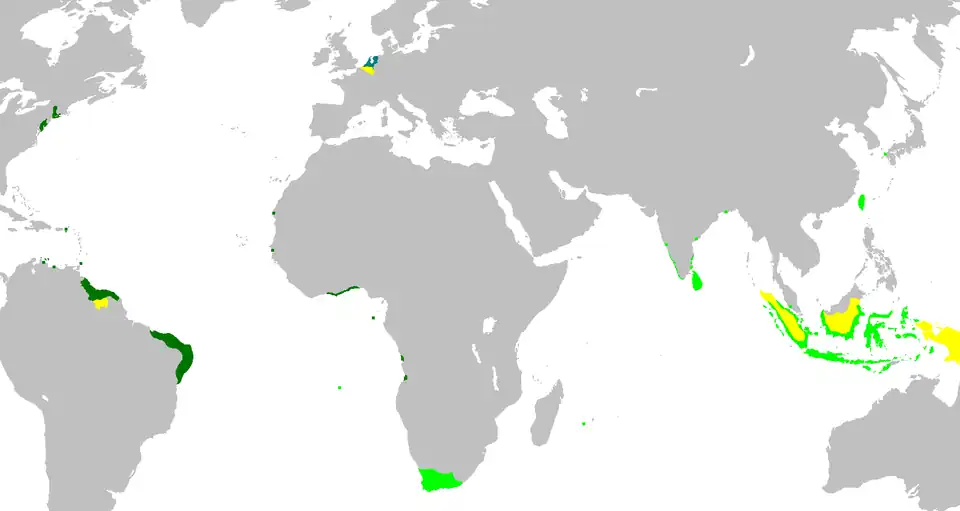 The Dutch Empire and its possessions at different times in history.