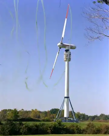 An experimental Wind Turbine being tested at NASA's Plum Brook station in 1982.