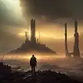 Concept of a collapsed civilization on another planet (the being is either a human visitor, could be removed, or a convergent evolution bipedal alien)