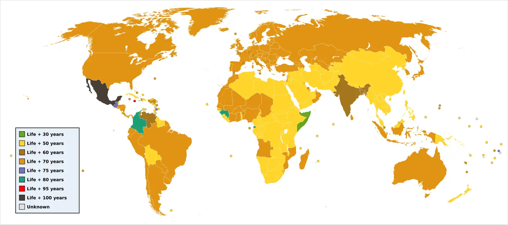 Map of world copyright terms.