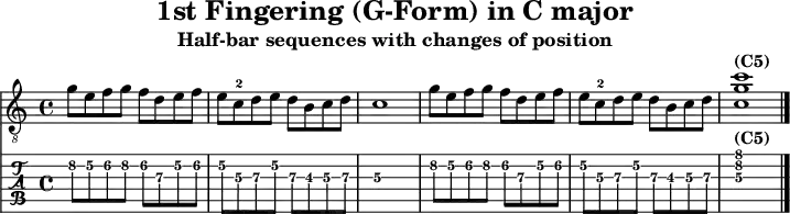 
\version "2.20.0"
\header {
  title="1st Fingering (G-Form) in C major"
  subtitle="Half-bar sequences with changes of position"
}
%% Diskant- bzw. Melodiesaiten
Diskant = \relative c' {
  \set TabStaff.minimumFret = #4
  \set TabStaff.restrainOpenStrings = ##t
  \key c \major
  g'8 e f g f d e f
  e c-2 d e d b c d c1 
  g'8 e f g f d e f
  e c-2 d e d b c d  <c g' c>1^\markup { \bold {(C5)} }
  \bar "|."
}

%% Layout- bzw. Bildausgabe
\score {
  <<
    \new Voice  { 
      \clef "treble_8" 
      \time 4/4  
      \tempo 4 = 120 
      \set Score.tempoHideNote = ##t
      \Diskant 
    }
    \new TabStaff { \tabFullNotation \Diskant }
  >>
  \layout {}
}

%% Midiausgabe mit Wiederholungen, ohne Akkorde
\score {
  <<
    \unfoldRepeats {
      \new Staff  <<
        \tempo 4 = 120
        \time 4/4
        \set Staff.midiInstrument = #"acoustic guitar (nylon)"
        \clef "G_8"
        \Diskant
      >>
    }
  >>
  \midi {}
}
%% unterdrückt im raw="!"-Modus das DinA4-Format.
\paper {
  indent=0\mm
  %% DinA4 = 210mm - 10mm Rand - 20mm Lochrand = 180mm
  line-width=180\mm
  oddFooterMarkup=##f
  oddHeaderMarkup=##f
  % bookTitleMarkup=##f
  scoreTitleMarkup=##f
}
