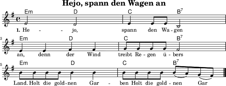 \version "2.20.0"
\header {
title = "Hejo, spann den Wagen an"
% subtitle = "MeinSubtitle"
% poet = "myPoet"
% composer = "myCpmposer"
% arranger = "arr: ccbysa: Wikibooks (mjchael)"
}
myKey = {
\clef "treble"
\time 4/4
\tempo 4 = 100
%% hide tempo
\set Score.tempoHideNote = ##t
\key e\minor
}
%% cords
%% western-beat
%% 1 . 2 + 3 . 4 +
myEm = \chordmode { e,4:m e8:m e8:m }
myD = \chordmode { d,4 d8 8 }
myC = \chordmode { c,4 c8 8 }
myBsept = \chordmode { b,,4:7 b,8:7 b,8:7 }
myChords = \chordmode {
\set Staff.midiInstrument = #"acoustic guitar (nylon)"
%% Notate chords only when changing
\set chordChanges = ##t
% \partial 4 s4
\myEm \myD \myC \myBsept
\myEm \myD \myC \myBsept
\myEm \myD \myC \myBsept
}
myMelody = \relative c'' {
\myKey
\set Staff.midiInstrument = #"trombone"
\relative c'{
e2 d | e4 8 8 b2 | \break
e4 4 fis4 4 | g8 8 8 8 fis2 | \break
b8 8 8 8 4 4 | 8 8 8 8 8( a) g( fis)
\bar "|."
}
}
myLyrics = \lyricmode {
\set stanza = "1."
He -- jo, spann den Wa -- gen an,
denn der Wind treibt Re -- gen ü -- bers Land.
Holt die gold -- nen Gar -- ben
Holt die gold -- nen Gar -- ben
}
\score {
<<
\new ChordNames { \myChords }
\new Voice = "mySong" { \myMelody }
\new Lyrics \lyricsto "mySong" { \myLyrics }
% \new TabStaff { \myChords } %% Check
>>
\layout { }
}
\score {
<<
\new ChordNames { \myChords \myChords \myChords \myEm \myD \myC \myBsept e,1} % Final tone
\new Voice = "mySong" { \myMelody }
\new Voice = "mySong" { \myMelody \myMelody \myMelody }
\new Voice = "mySecondSong" { r1 r1 r1 r1 r1 r1 r1 r1 \myMelody \myMelody }
\new Lyrics \lyricsto "mySong" { \myLyrics }
% \new TabStaff { \myChords } %% Check
>>
\midi { }
}
%% unterdrückt im raw="1"-Modus das DinA4-Format.
\paper {
indent=0\mm
%% DinA4 0 210mm - 10mm Rand - 20mm Lochrand = 180mm
line-width=180\mm
oddFooterMarkup=##f
oddHeaderMarkup=##f
% bookTitleMarkup=##f
scoreTitleMarkup=##f
}