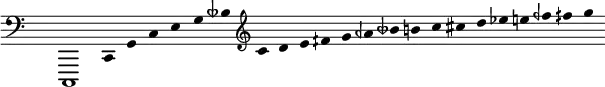 
\new Staff {
\cadenzaOn \hide Staff.Stem \hide Staff.TimeSignature
\clef bass
c,,1 c,4 g, c e g btqf \clef treble c' d' e' fqs' g' aqf' btqf' b' c'' cs'' d'' ef'' e'' fqf'' fqs'' g''
}

