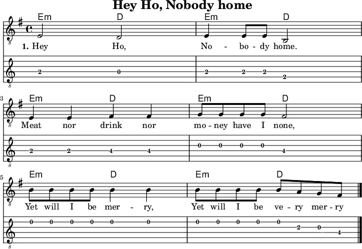 \version "2.20.0"
\header {
title = "Hey Ho, Nobody home"
% subtitle = "MeinSubtitle"
% poet = "myPoet"
% composer = "myCpmposer"
% arranger = "arr: ccbysa: Wikibooks (mjchael)"
}
myKey = {
\clef "G_8"
\time 4/4
\tempo 4 = 100
%% hide tempo
\set Score.tempoHideNote = ##t
\key e\minor
}
%% cords
%% western-beat
%% 1 . 2 + 3 . 4 +
myEm = \chordmode { e,4:m e8:m e8:m }
myD = \chordmode { d,4 d8 8 }
myChords = \chordmode {
\set Staff.midiInstrument = #"acoustic guitar (nylon)"
%% Notate chords only when changing
\set chordChanges = ##t
% \partial 4 s4
\myEm \myD \myEm \myD
\myEm \myD \myEm \myD
\myEm \myD \myEm \myD
}
myMelody = {
\myKey
\set Staff.midiInstrument = #"trombone"
\relative c{
e2 d | e4 8 8 b2 | \break
e4 4 fis4 4 | g8 8 8 8 fis2 | \break
b8 8 8 8 4 4 | 8 8 8 8 8 a g fis
\bar "|."
}
}
myLyrics = \lyricmode {
\set stanza = "1."
Hey Ho, No -- bo -- dy home.
Meat nor drink nor mo -- ney have I none,
Yet will I be mer -- ry,
Yet will I be ve -- ry mer -- ry
}
\score {
<<
\new ChordNames { \myChords }
\new Voice = "mySong" { \myMelody }
\new Lyrics \lyricsto "mySong" { \myLyrics }
\new TabStaff { \myMelody } %% Check
>>
\layout { }
}
\score {
<<
\new ChordNames { \myChords \myChords \myChords \myEm \myD \myEm \myD e,1} % Final tone
\new Voice = "mySong" { \myMelody }
\new Voice = "mySong" { \myMelody \myMelody \myMelody }
\new Voice = "mySecondSong" { r1 r1 r1 r1 r1 r1 r1 r1 \myMelody \myMelody }
\new Lyrics \lyricsto "mySong" { \myLyrics }
% \new TabStaff { \myChords } %% Check
>>
\midi { }
}
%% unterdrückt im raw="1"-Modus das DinA4-Format.
\paper {
indent=0\mm
%% DinA4 0 210mm - 10mm Rand - 20mm Lochrand = 180mm
line-width=180\mm
oddFooterMarkup=##f
oddHeaderMarkup=##f
% bookTitleMarkup=##f
scoreTitleMarkup=##f
}