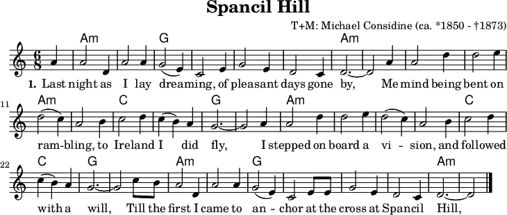 
\version "2.20.0"
\header {
 title = "Spancil Hill"
 % subtitle = "MeinSubtitle"
 % poet = "Texter"
 composer = "T+M: Michael Considine (ca. *1850 - †1873)"
 % arranger = "arr: ccbysa: Wikibooks (mjchael)"
}

myKey = {
  \clef "treble"
  \time 6/8
  \tempo 4 = 120
  %%Tempo ausblenden
  \set Score.tempoHideNote = ##t
  \key a\minor
}

%% Akkorde
myChords = \chordmode {
 \set chordChanges = ##t
 \partial 4 s4
 a2.:m a:m g g g g a:m a:m 
 a:m a:m a:m a:m c c g g
 a:m a:m a:m a:m c c g g
 a:m a:m g g g g a:m a:m 
}
myAm  = { a,8 a c' e' e a }
myG  = { g,8 g b g' d g }
myC  = { c8 g c' e' e g }

myDiskant =  {
  \set Staff.midiInstrument = #"acoustic guitar (nylon)"
  %% Akkorde nur beim Wechsel notieren
  \set chordChanges = ##t
  \partial 4 s4
  \myAm  \myAm \myG \myG
  \myG \myG \myAm \myAm
  \myAm  \myAm \myAm \myAm
  \myC \myC \myG \myG
  \myAm  \myAm \myAm \myAm
  \myC \myC \myG \myG
  \myAm  \myAm \myG \myG
  \myG \myG \myAm a,8 a c' e'
}

myBass = { 
 a,2 e4  a,2 e4 g,2 d,4 g,2 d,4  
 g,2 d,4  g,2 d,4 a,2 e4 a,2 e4
 a,2 e4 a,2 e4 a,2 e4 a,2 e4
 c2 e4 c2 e4 g,2 d,4 g,2 d,4
 a,2 e4 a,2 e4 a,2 e4 a,2 e4
 c2 e4 c2 e4 g,2 d,4 g,2 d,4
 a,2 e4 a,2 e4 g,2 d,4 g,2 d,4
 g,2 d,4 g,2 d,4 a,2 e4 a,2 e4
}

myMelody =  {
  \myKey
  \set Staff.midiInstrument = #"trombone"
  \relative c''{ 
    \partial 4 a4 |
  a2 d,4 | a'2 a4 | (g2 e4) | c2 
  e4 | g2 e4 | d2 c4 | d2.~ | d2
  a'4 | a2 d4 | d2 e4 | d2( c4) | a2 
  b4 | c2 d4 | c( b) a | g2.~ | g2
  a4 | a2 d4 | d2 e4 | d2( c4) | a2 
  b4 | c2 d4 | c( b) a | g2.~ | g2
  c8 b | a2 d,4 | a'2 a4 | g2( e4) | c2 
  e8 8 | g2 e4 | d2 c4 | d2.~ | d2
    \bar "|."
  }
}

myLyrics = \lyricmode {
  \set stanza = "1."
   Last night as I lay drea -- ming, of plea -- sant days gone by,
   Me mind being bent on ram -- bling, to Ire -- land I did fly,
I stepped on board a vi -- sion, and fol -- lowed with a will,
Till the first I came to an -- chor at the cross at Span -- cil Hill,
}

\score {
  <<
    \new ChordNames { \myChords }
    \new Voice = "mySong" { \myMelody }
    \new Lyrics \lyricsto "mySong" { \myLyrics }
  >>
  \layout { }
}

\score {
  <<
    \new Voice = "mySong" { \myMelody }
    \new Voice = "Diskant" { \myDiskant }
    \new Voice = "Bass" { \myBass }

    \new Lyrics \lyricsto "mySong" { \myLyrics }

  >>
  \midi { }
}

%% unterdrückt im raw="1"-Modus das DinA4-Format.
\paper {
  indent=0\mm
  %% DinA4 0 210mm - 10mm Rand - 20mm Lochrand = 180mm
  line-width=180\mm
  oddFooterMarkup=##f
  oddHeaderMarkup=##f
  % bookTitleMarkup=##f
  scoreTitleMarkup=##f
}
