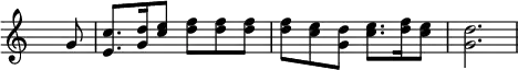 
\new Staff {
\fixed c' {
\hide Staff.TimeSignature
\time 6/8
\partial 8
g8 <e c'>8. <g d'>16 <c' e'>8 <d' f'>8 8 8
8 <c' e'>8 <g d'> <c' e'>8. <d' f'>16 <c' e'>8
<g d'>2.
}}
