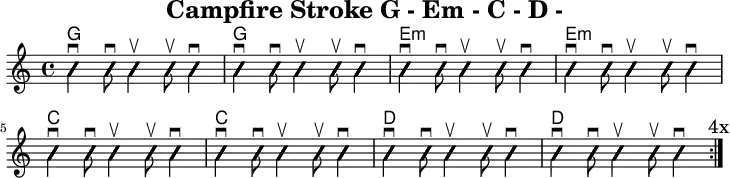 \version "2.20.0"
\header {
title="Campfire Stroke G - Em - C - D -"
encoder="mjchael"
}
myChords = \new ChordNames { \chordmode {
g1 g e:m e:m c c d d
}}
Lager_G = {
<g, b d>4 \downbow %1
<g b g'>8 \downbow %2
<g b g'>4 \upbow %+
<g b g'>8 \upbow %+
<g b g'>4 \downbow %4
}
Lager_Em = {
<e, b e>4 \downbow %1
<g b e'>8 \downbow %2
<g b e'>4 \upbow %+
<g b e'>8 \upbow %+
<g b e'>4 \downbow %4
}
Lager_C = {
<e, c e>4 \downbow
<g c' e'>8 \downbow
<g c' e'>4 \upbow
<g c' e'>8 \upbow
<g c' e'>4 \downbow
}
Lager_D = {
<a, d a>4 \downbow
<a d' fis'>8 \downbow
<a d' fis'>4 \upbow
<a d' fis'>8 \upbow
<a d' fis'>4 \downbow
}
myRhythm = { \repeat volta 4 {
\Lager_G \Lager_G \Lager_Em \Lager_Em \break
\Lager_C \Lager_C \Lager_D \Lager_D
\mark "4x"
}}
\score { << %layout
% Chords
\myChords
% Slash Notation
\new Voice \with {
\consists "Pitch_squash_engraver"
}{
\set Staff.midiInstrument = "acoustic guitar (nylon)"
\improvisationOn
\override NoteHead.X-offset = 0
\myRhythm
}
>> \layout{} }
\score { << % midi
\unfoldRepeats {
\tempo 4 = 90
\time 4/4
\key d \major
\set Staff.midiInstrument = #"acoustic guitar (nylon)"
c4 b, a,
\myRhythm
<g, b, d g b g,>1 \downbow
}
>> \midi{} }
\paper {
indent=0\mm
line-width=180\mm
oddFooterMarkup=##f
oddHeaderMarkup=##f
% bookTitleMarkup=##f
scoreTitleMarkup=##f
}