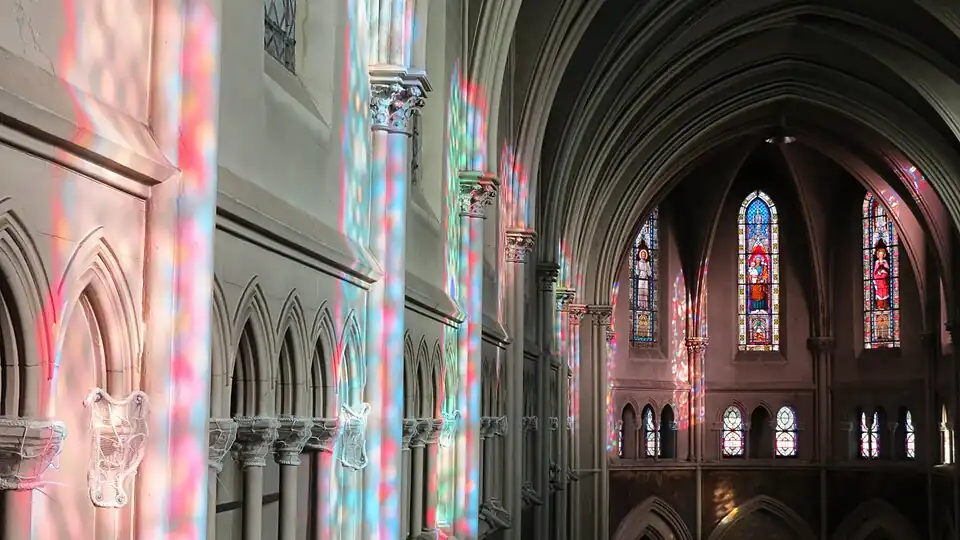 Stained glass brightens the choir