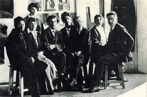 Professors at the People's Art School in Vitebsk, July 26, 1919. From left to right: Lazar Lissitzky, Vera Ermolaeva, Marc Chagall, David Yakerson&nbsp;[ru], Yury Pen, Nina Kogan, and Alexander Romm&nbsp;[ru]