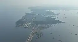Flooded village of Demidov as a result of the dam breach, surrounded by water