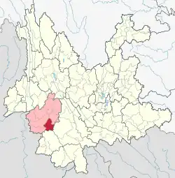 Location of Shuangjiang County (red) and Lincang City (pink) within Yunnan