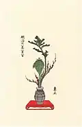 Coloured diagram of a festive shōka with the Three Friends of Winter, by the 42nd headmaster Ikenobō Senshō, from the Senshō Risshokashu (1878)