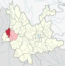 Location of Tengchong (red) in Baoshan City (pink) and Yunnan