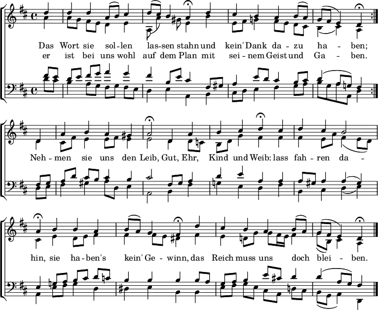 
\header { tagline = ##f
% title = "Das Wort sie sollen lassen stahn"
% subtitle = \markup { "Closing chorale from" \italic "Ein feste Burg ist unser Gott" ", BWV 80" }
}
\layout { indent = 0 \set Score.tempoHideNote = ##t
  \context { \Voice \remove "Dynamic_engraver" }
  \context { \Score \remove "Bar_number_engraver" }
}

global = { \key d \major \partial 4 \time 4/4 \set Timing.beamExceptions = #'() }
tn = \tempo 4 = 93
tf = \tempo 4 = 30
ta = \tempo 4 = 45

soprano = \relative c'' { \global \set Staff.midiPanPosition = -0.5 \set midiInstrument = "oboe"
  \repeat volta 2 { d4\f | d d a8 (b) cis4 | d8 (cis) b4 \tf a\fermata \tn
    d | cis b a b8 (a) | g (fis e4) \tf d\fermata \tn }
  d | a' b a gis | \ta a2\fermata \tn d,4 a' | b cis \tf d\fermata \tn
  cis | d cis b2 \tf a4\fermata \tn b b a | b8 (a) g4 \tf fis\fermata \tn
  d' | cis b a b8 (a) | g (fis e4) \tf d\fermata \bar "|."
}

alto = \relative c'' { \global \set Staff.midiPanPosition = 0.5 \set midiInstrument = "flute"
  \repeat volta 2 { a4 | a8 g fis e d4 e | a,8 (a'4) gis8 e4
    b' | e,8 fis g!4 fis8 e d cis | b4 (cis) a }
  d | cis8 fis e4 e8 fis e4 | e2 d4 d8 c | b d g4 fis
  fis | fis e8 a fis4 (e8 d) | cis4 e d8 e fis4 | fis fis8 e dis4
  fis | e d!8 g g fis16 e fis4 | g8 (b,) cis4 a \bar "|."
}

tenor = \relative c { \global \set Staff.midiPanPosition = -1 \set midiInstrument = "english horn"
  \repeat volta 2 { fis'8\pp e | d e fis g a4 g | fis b,8 e cis4
    fis,8 gis | a4 e'8 d cis4 b8 cis | d4 (a8 g!) fis4 }
  fis8 g | a d cis b cis4 b | cis2 fis,8 g a4 | d e a,
  a | a8 gis a4 a (gis) | e g!8 a b cis d c | b4 b b
  b8 a | g a b4 e8 cis! d4 | d (a8 g) fis4 \bar "|."
}

bass = \relative c { \global \set Staff.midiPanPosition = 1 \set midiInstrument = "bassoon"
  \repeat volta 2 { d'8 cis | b4 a8 g fis g fis e | d4 e a,
    b | cis8 d e4 fis g8 a | b [g a a,] d4 }
  d8 e | fis4 gis a8 d, e4 | a,2 b4 fis' | g! e d
  fis | b, cis d ( e) | a, e'8 fis g4 d | dis e b
  b | e8 fis g e cis a d! cis | b (g a4) d,4 \bar "|."
}

verse = \new Lyrics \lyricmode {
  << { Das Wort sie sol -- len las -- sen stahn
    und kein' Dank da -- zu ha -- ben; }
    \new Lyrics \lyricmode {
      er ist bei uns wohl auf dem Plan
      mit sei -- nem Geist und Ga -- ben. }
  >>
  Neh -- men sie uns den Leib,
  Gut, Ehr, Kind und Weib:
  lass fah -- ren da -- hin,
  sie ha -- ben's kein' Ge -- winn,
  das Reich muss uns doch blei -- ben.
}

\score {
  \new ChoirStaff <<
    \new Staff
    <<
      \new Voice = "soprano" { \voiceOne \soprano }
      \new Voice = "alto" { \voiceTwo \alto }
    >>
    \new Lyrics
      \lyricsto "soprano" \verse
    \new Staff
    <<
      \clef bass
      \new Voice = "tenor" { \voiceOne \tenor }
      \new Voice = "bass" { \voiceTwo \bass }
    >>
  >>
  \layout { }
}
\score { \unfoldRepeats { << \soprano \\ \alto \\ \tenor \\ \bass >> }
  \midi { \tempo 4=93
    \context { \Score midiChannelMapping = #'instrument }
    \context { \Staff \remove "Staff_performer" }
    \context { \Voice \consists "Staff_performer" }
  }
}
