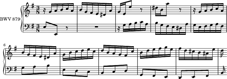 
\version "2.18.2"
\header {
  tagline = ##f
}

thème = { r16 g a b c a | b g fis e dis a' }

upper = \relative c'' {
  \clef treble
  \key e \minor
  \time 3/8
  \tempo 4 = 60 % tempo de Keller
  \set Staff.midiInstrument = #"harpsichord"

   %% PRÉLUDE CBT II-10, BWV 879, mi mineur
   \thème | g16[ e e'8] r8 | dis16 b a'8 r8 | \relative c'' \thème g,16 b c d e c d b a g fis c' b d e fis g e fis d cis b ais e' | d
}

lower = \relative c {
  \clef bass
  \key e \minor
  \time 3/8
  \set Staff.midiInstrument = #"harpsichord"

   e8 e, r8 R4. \relative c' \thème g'16 e fis g a fis g8 a b e, d c b c d g, fis e d e fis | b16

}

\score {
  \new PianoStaff <<
    \set PianoStaff.instrumentName = #"BWV 879"
    \new Staff = "upper" \upper
    \new Staff = "lower" \lower
  >>
  \layout {
    \context {
      \Score
      \remove "Metronome_mark_engraver"
    }
  }
  \midi { }
}

