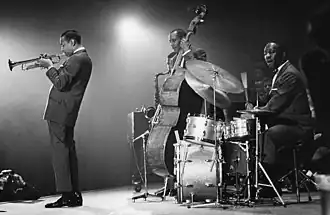 The Jazz Messengers in 1960. From left: Lee Morgan, Wayne Shorter (obscured), Jymie Merritt, and Art Blakey