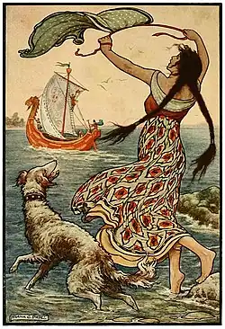 The black-browed maid stood upon the bank as the red ship ... sailed away from Novgorod. Illustration for Russian Fairy Book (1916)