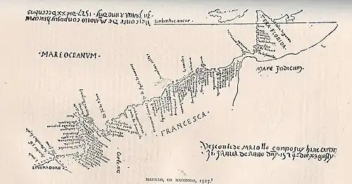 Image 2A 1527 map by Vesconte Maggiolo showing the east coast of North America with "Tera Florida" at the top and "Lavoradore" at the bottom. (from History of Florida)