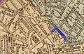 Annotated map showing the 2015 location of Haymarket on 1871 base map showing Haymarket Square