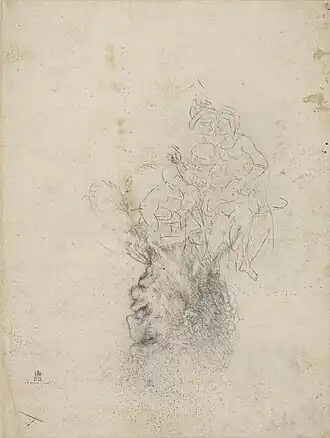 Pencil drawing of a man's head and, superimposed on it, the outline of a group of figures.