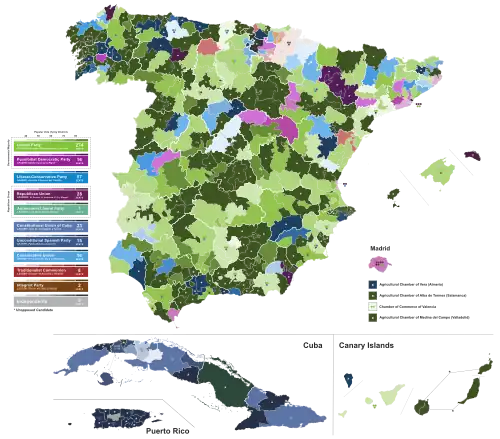Map of Spain showcasing seat distribution by Congress of Deputies constituency
