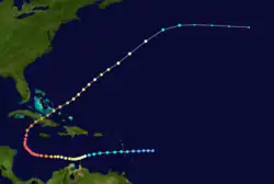 The track of the 1932&nbsp;Cuba hurricane, with the track beginning at bottom-center, tracing towards the left and then curving to the upper-right corner of the image.