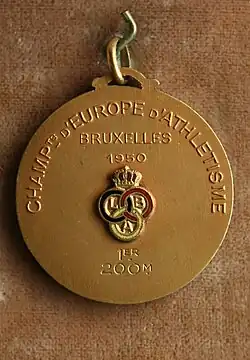 A picture of the 1950 European Athletics Championships 200 m Gold Medal.