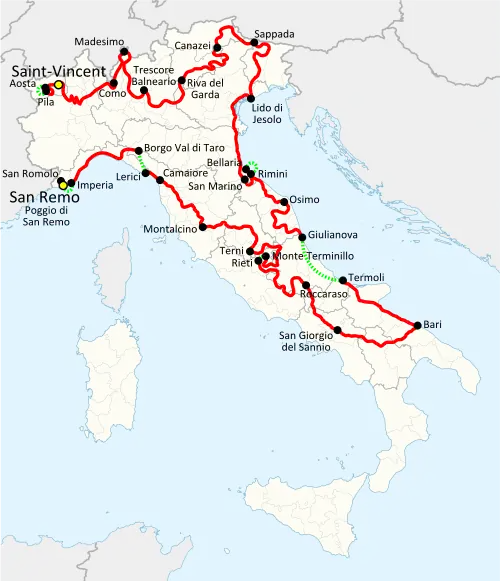 Map of the 1987 Giro d'Italia route, from San Remo to Saint-Vincent (stage courses in red; connections between host towns in green)