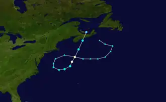 Storm track beginning southeast of Canada as an extratropical storm, moving westward toward New England, becoming tropical as it looped to the northeast, and later dissipating over Prince Edward Island