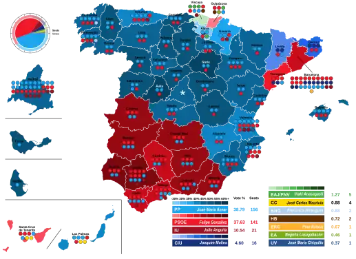 Map of Spain showcasing seat distribution by Congress of Deputies constituency