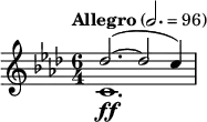  \relative c'' { \clef treble \key f \minor \time 6/4 \tempo "Allegro" 2. = 96 << { des2.~( des2 c4) } \\ { c,1.\ff } >> } 