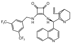 The first squaramide catalyst developed. It functions as a bifunctional catalyst.Some later catalysts are based on such a structure by removing the methylene group on the left to make a 3,5-bis(trifluoromethyl)phenyl-group or adding a 6-methoxy group on the quinoline.