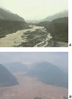 Two images showing the landscape of a large landslide.