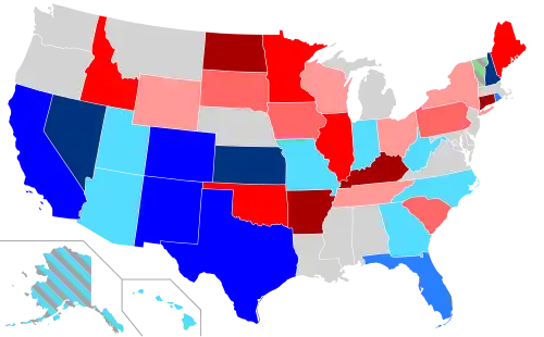 Net changes to lower house seats after the 2016 elections &nbsp;&nbsp;&nbsp;&nbsp;&nbsp;+1 Dem seat &nbsp;&nbsp;&nbsp;&nbsp;&nbsp;+2 Dem seats &nbsp;&nbsp;&nbsp;&nbsp;&nbsp;+3–5 Dem seats &nbsp;&nbsp;&nbsp;&nbsp;&nbsp;+10–13 Dem seats &nbsp;&nbsp;&nbsp;&nbsp;&nbsp;+1 Rep seat &nbsp;&nbsp;&nbsp;&nbsp;&nbsp;+2 Rep seats &nbsp;&nbsp;&nbsp;&nbsp;&nbsp;+3–5 Rep seats &nbsp;&nbsp;&nbsp;&nbsp;&nbsp;+6–17 Rep seats &nbsp;&nbsp;&nbsp;&nbsp;&nbsp;+1 Ind seat &nbsp;&nbsp;&nbsp;&nbsp;&nbsp;+1 Prog seat