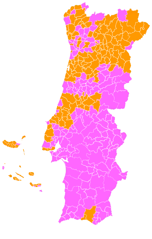 Most voted party/coalition by municipality: AD (orange), PS (pink)