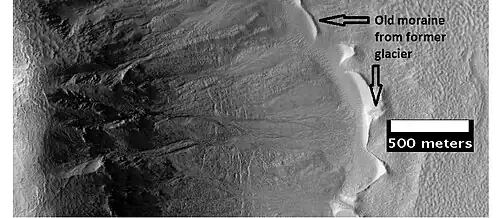Gullies with remains of a former glacier in crater in Terra Sirenum, as seen by HiRISE under HiWish program.