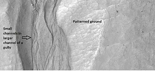 Close-up of gully showing multiple channels and patterned ground, as seen by HiRISE under the HiWish program.