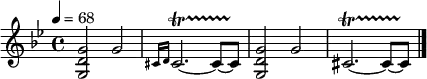 \relative c' {
\time 4/4
\tempo 4=68
\clef treble
\key bes \major
<g d' g>2 g'2 |
\grace {cis,16 d} cis2.~\startTrillSpan cis8~ cis\stopTrillSpan |
<g d' g>2 g'2 |
cis,2.~\startTrillSpan cis8~ cis\stopTrillSpan \bar "|."
}