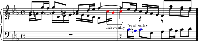 \layout {
\context {
\Voice
\consists "Horizontal_bracket_engraver"
\override TextScript.font-size = -2
}
}
\new PianoStaff <<
\new Staff \fixed c' {
\key c \minor
<<
{
bes8 g'16 f' g'8 b c' d'16 ees' f'4~ |
8 ees'16 d' c' bes aes g f8 aes' g' f' |
}
\\
{
g16 a bes8~ 16 ees f g
aes g f ees d8 \override NoteHead.color = #red c'16\startGroup_"false entry" b |
c'4\stopGroup \revert NoteHead.color r r8 f' ees' d' |
}
>>
\bar "||"
}
\new Staff {
\clef bass
\key c \minor
R1 | r8 \override NoteHead.color = #blue c'16^"\"real\" entry" b c'8 \revert NoteHead.color g
aes c'16 b c'8 d' |
}
>>