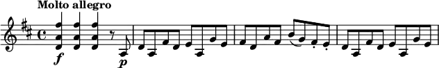\relative c' { \set Staff.midiInstrument = #"string ensemble 1"
\set Score.tempoHideNote = ##t
\key d \major
\tempo "Molto allegro" 4 = 144
<d a' fis'>4\f q q r8 a\p |
d8 a fis' d e a, g' e |
fis8 d a' fis b( g) fis-. e-. |
d8 a fis' d e a, g' e |
}