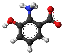 Ball-and-stick model of the 3-hydroxyanthranilic acid molecule as a zwitterion