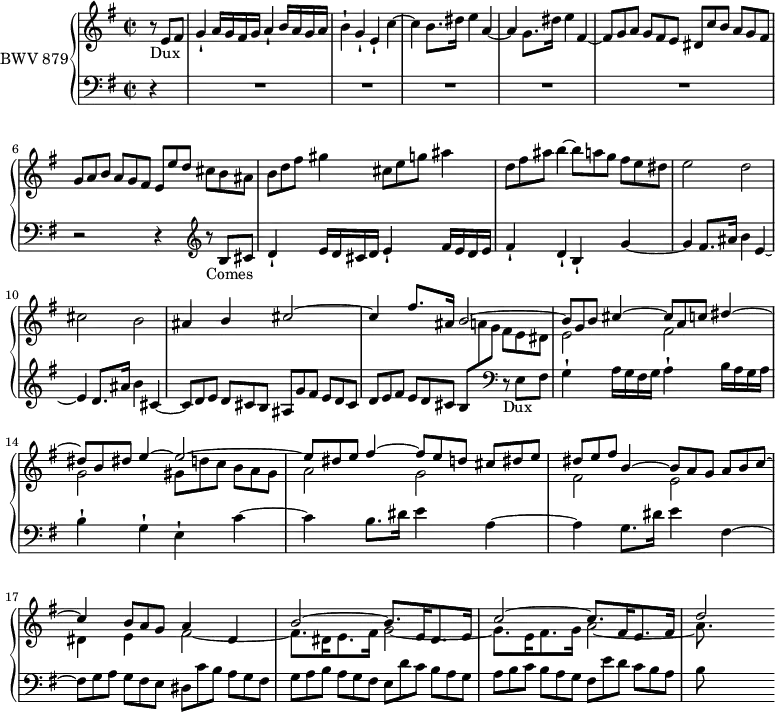 
\version "2.18.2"
\header {
  tagline = ##f
}

Dux   = { s4*0-\markup{Dux} \tuplet 3/2 { r8 e fis } | g4-! a16 g fis g a4-! b16 a g a | b4-! g-! e-! c'4~ | c b8.*8/9 dis16*4/3 e4 a,~ | a g8.*8/9 dis'16*4/3 e4 fis,~ | \tuplet 3/2 { fis8 g a } \tuplet 3/2 { g[ fis e] } \tuplet 3/2 { dis c' b } \tuplet 3/2 { a[ g fis] } \tuplet 3/2 { g a b } \tuplet 3/2 { a[ g fis] } \tuplet 3/2 { e e' d } \tuplet 3/2 { cis[ b ais] } }

Comes = { s4*0-\markup{Comes} \tuplet 3/2 { r8 b' cis } | d4-! e16 d cis d e4-! fis16 e d e | fis4-! d-! b-! g'4~ | g fis8.*8/9 ais16*4/3 b4 e,~ | e d8.*8/9 ais'16*4/3 b4 cis,~ | \tuplet 3/2 { cis8 d e } \tuplet 3/2 { d[ cis b] } \tuplet 3/2 { ais g' fis } \tuplet 3/2 { e[ d cis] } \tuplet 3/2 { d e fis } \tuplet 3/2 { e[ d cis] } }

upper = \relative c' {
  \clef treble
  \key e \minor
  \time 2/2
  \tempo 2 = 69
  \set Staff.midiInstrument = #"harpsichord"

   %% FUGUE CBT II-10, BWV 876, mi mineur
   \partial 4 \Dux \tuplet 3/2 { b d fis } gis4 \tuplet 3/2 { cis,8 e g } ais4 \tuplet 3/2 { d,8 fis ais } b4~ \tuplet 3/2 { b8 a g } \tuplet 3/2 { fis8[ e dis] } e2 d cis b
   << { ais4 b cis2~ cis4 fis8.*8/9 ais,16*4/3 b2~ \tuplet 3/2 { b8 g b } cis4~ \tuplet 3/2 { cis8 a c } dis4~ \tuplet 3/2 { dis8 b dis } e4~ e2~ \tuplet 3/2 { e8 dis e } fis4~ \tuplet 3/2 { fis8 e d } \tuplet 3/2 { cis[ dis e] } \tuplet 3/2 { dis e fis } b,4~ \tuplet 3/2 { b8 a g } \tuplet 3/2 { a[ b c~] } c4 \tuplet 3/2 { b8 a g } a4 dis, b'2~ b8.*8/9 e,16*4/3 dis8.*8/9 e16*4/3 c'2~ c8.*8/9 fis,16*4/3 e8.*8/9 fis16*4/3 d'2 } \\ { s1 s2 s4 \tuplet 3/2 { fis,8 e dis } e2 fis g \tuplet 3/2 { gis8[ d' c] } \tuplet 3/2 { b a gis } a2 g fis e | dis4 e fis2~ fis8.*8/9 dis16*4/3 e8.*8/9 fis16*4/3 g2~ g8.*8/9 e16*4/3 fis8.*8/9 g16*4/3 a2~ a8.*8/9 } >>
   
}

lower = \relative c {
  \clef bass
  \key e \minor
  \time 2/2
  \set Staff.midiInstrument = #"harpsichord"

   r4 R1*5 r2 r4 \clef treble \Comes \tuplet 3/2 { b8 \stemDown \change Staff = "upper" a' g } \change Staff = "lower"
   \clef bass \relative c s4*0-\markup{Dux} \tuplet 3/2 { r8 e, fis } | g4-! a16 g fis g a4-! b16 a g a | b4-! g-! e-! c'4~ | c b8.*8/9 dis16*4/3 e4 a,~ | a g8.*8/9 dis'16*4/3 e4 fis,~ | \tuplet 3/2 { fis8 g a } \tuplet 3/2 { g[ fis e] } \tuplet 3/2 { dis c' b } \tuplet 3/2 { a[ g fis] } \tuplet 3/2 { g a b } \tuplet 3/2 { a[ g fis] } \tuplet 3/2 { e d' c } \tuplet 3/2 { b[ a g] } | \tuplet 3/2 { a b c } \tuplet 3/2 { b[ a g] } \tuplet 3/2 { fis e' d } \tuplet 3/2 { c[ b a] } | \tuplet 3/2 { b8 }
} 

\score {
  \new PianoStaff <<
    \set PianoStaff.instrumentName = #"BWV 879"
    \new Staff = "upper" \upper
    \new Staff = "lower" \lower
  >>
  \layout {
    \context {
      \Score
      \remove "Metronome_mark_engraver"
      \override SpacingSpanner.common-shortest-duration = #(ly:make-moment 1/2)
      \override TupletBracket.bracket-visibility = ##f
      \omit TupletNumber
    }
  }
  \midi { }
}
