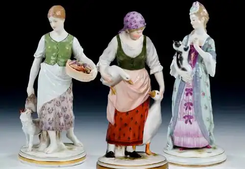 Figurines by Jacob Ungerer: Gardener Girl with Dog, Goose Girl, Lady with Cat, 1902.
