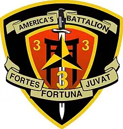 A black shield with a red interior and a gold border. On the top is written "America's Battalion" and on the bottom written "Fortes Fortuna Juvat." The red interior has three "3"'s in the center with a sword running through it with a caltrop.