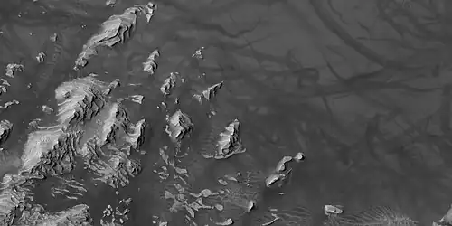 Layers in Danielson Crater with dust devil tracks at the top of the picture, as seen by HiRISE under HiWish program. Location is Oxia Palus quadrangle.