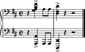 
\new PianoStaff <<
\new Staff {
\key d \major
\time 2/2
\set Score.tempoHideNote = ##t \tempo 2 = 120
\clef bass
r <g a cis' fis'>4-> a8 a <d fis d'>4-> r r2 \bar "|."
}
\new Staff {
\clef bass
\key d \major
\relative c, {
\partial 4*3 r4 <a a'>4-> a8 a
<d, d'>4-> r r2 \bar "|."
}
}
>>

