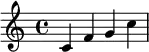 \relative c' { \time 4/4 c f g c}